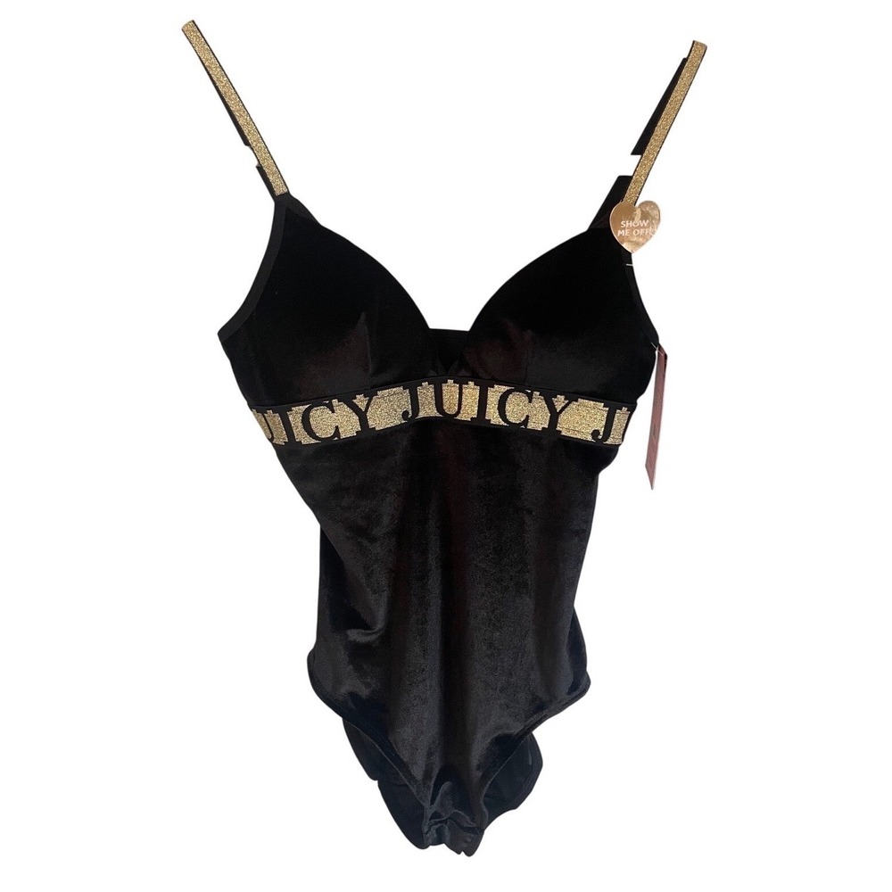 NWT Juicy Couture Black Velour Bodysuit Gold Glitter Logo Velvet Teddy Y2K